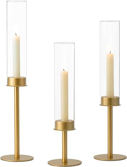 Hewory Gold Candle Holders Hurricane Candlestick Holders, 3Pcs Brass Candle Stick Candle Holder C... | Amazon (US)