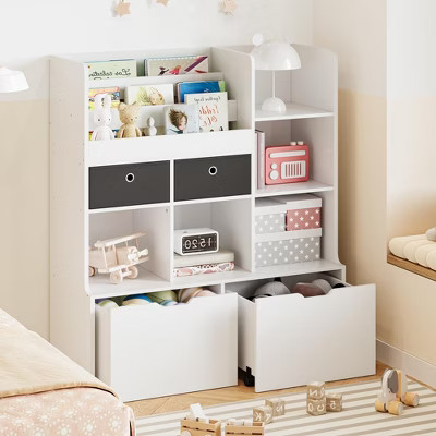 Toy Storage Organizer Kids Bookshelf with Drawers, Modern Wooden Bookcase with Cubbies and Floor Storage Cabinet for Playroom, Nursery, White | Target