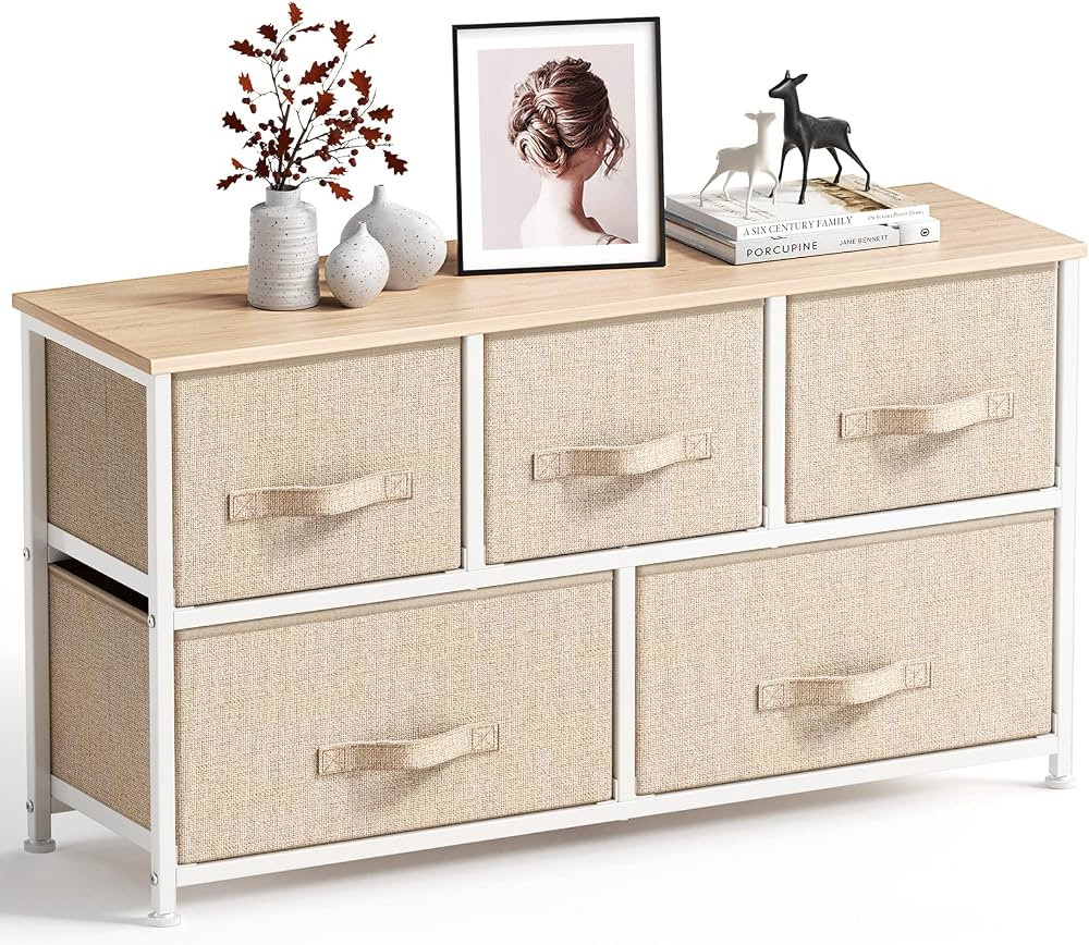 Amazon.com: Fabric Dresser with 5 Drawers, Wide Dresser Storage Tower, Organizer Unit with Wood T... | Amazon (US)