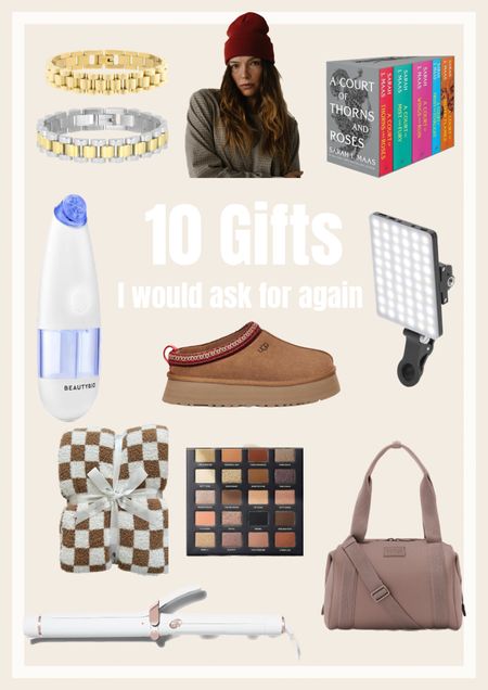 10 Gift Ideas for women
(gifts I would love to receive again if I didn’t already have them - and I have also given as well!) 
-
1. T3 Micro SinglePass Curl - Code: KristinT320
2. Iconic London Thriving & Shining Eyeshadow Palette  
3. Ugg Tazz Platform Slippers
4. The Styled Collection Sweet Dreams Blanket 
5. Electric Picks Bennett Bracelet - Code: WildOne20
6. Amazon Clip Light 
7. Dange Dover Landon Carryall Bag
8. Gigi Pip Beanie - Code: Kristin15
9. ACOTAR Book Set
10. Beauty Bio GlowFacial - Code: KristinRoseDavis20 



#LTKhome #LTKGiftGuide #LTKbeauty