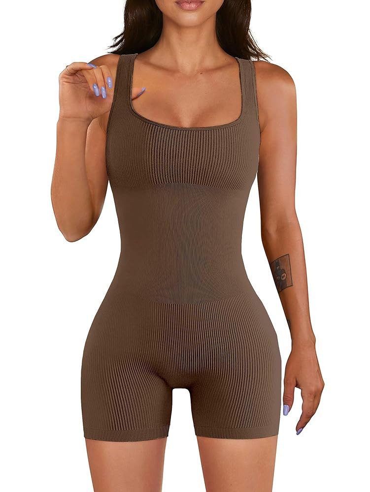Women Workout Romper Yoga Ribbed Square Neck One Piece Seamless Tank Top Jumpsuit | Amazon (US)