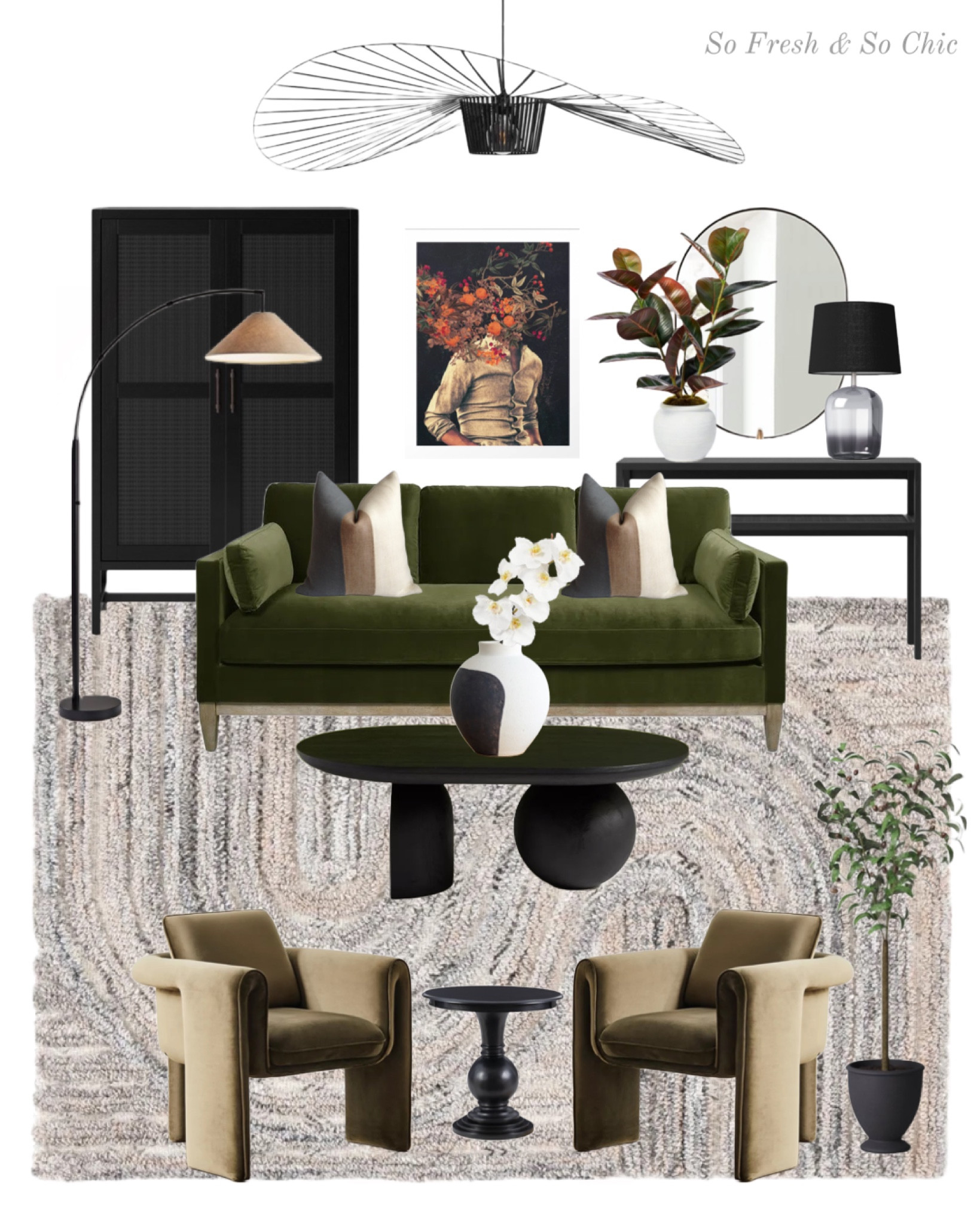 Eclectic living room in black, white and dark green.
-
Living room mood board - living room decor - living room furniture - oval black coffee table Anthropologie - olive green velvet sofa - khaki green velvet armchairs  Urban Outfitters - textured rug Wayfair - console table black and cane Target - black wood and cane door library cabinet Target - Warwick - arc floor lamp - petite faux olive tree in planter - Threshold Studio McGee - altered portrait art - Society6 -framed art prints - black smoked glass table lamp - faux rubber tree in pot - oval black framed mirror 

#LTKFind #LTKhome #LTKsalealert