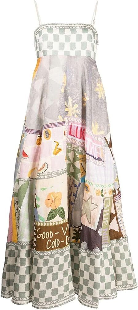 Sxkayxr Women Boho Flowy Graffiti Long Aline Sundress Graphic Square Neck Sleeveless Spaghetti St... | Amazon (CA)