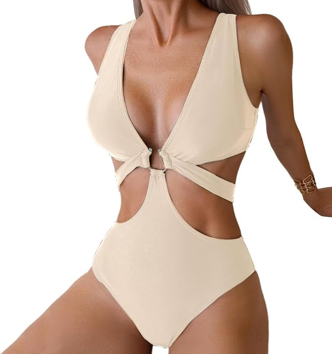 Women's Deep V Neck One Piece Swimsuit O-Ring Swimwear Sexy Cut Out Bathing Suit | Amazon (US)