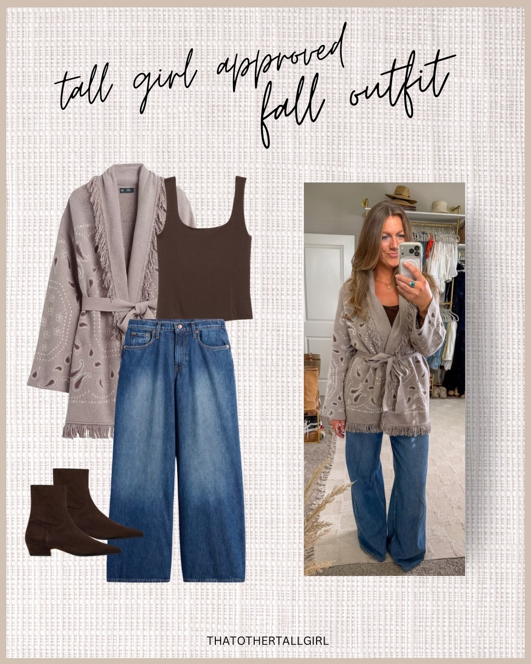 M/L cardigan, large tank, 31 tall jeans (sized up one for a more relaxed fit) 11 boots

#LTKTall #LTKOver40