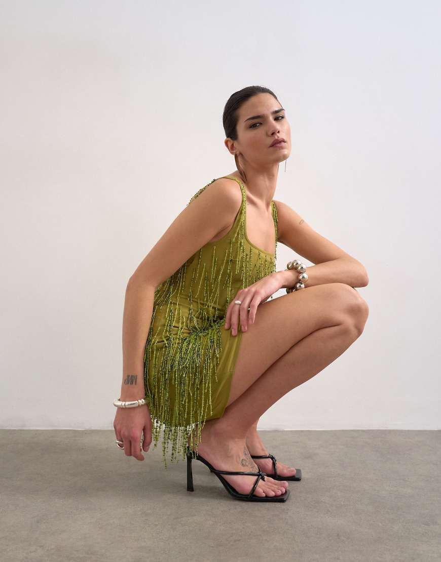 Topshop embellished fringing mini dress in green | ASOS (Global)