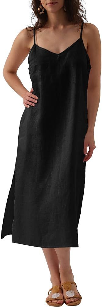 Amazhiyu Womens Pure Linen Summer V Neck Midi Spaghetti Strap Slip Dress with Pockets | Amazon (US)