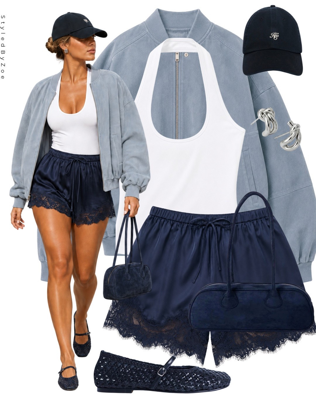 Sporty meets feminine 🤍 Styling a soft blue suede jacket with navy satin lace trim shorts, a classic white tank and woven ballet flats for the perfect transitional outfit. Effortless, comfy and so cute for those warmer autumn days 🍂✨

#LTKStyleTip #LTKFashion #TransitionalStyle #AutumnOutfit #BomberJacket #SatinShorts #BalletFlats #CasualChic

#LTKuk #LTKautumn #LTKsummer