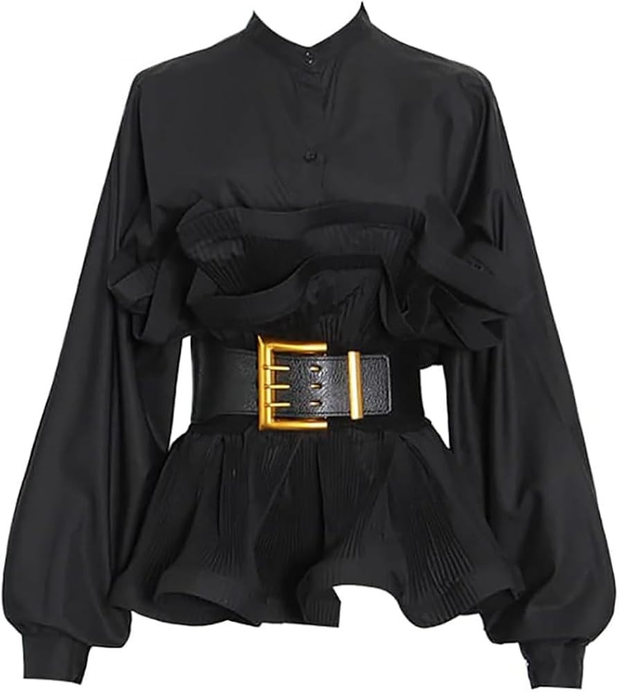 XYGJZ Women's New Crewneck Lantern Long Sleeve Business Casual Shirts Blouse with Belt | Amazon (US)