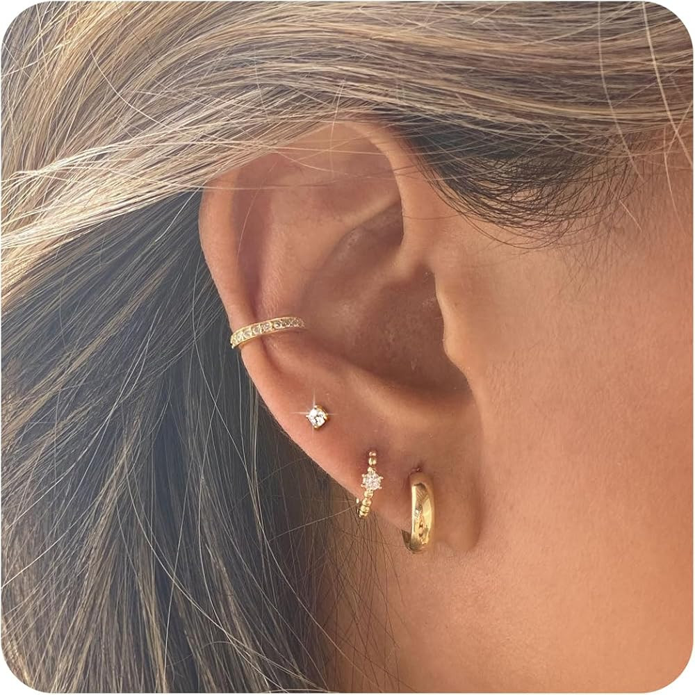 MOODEAR Small Chunky Stud Huggie Hoop Earrings Sets,Dainty Trendy 14K Gold Plated Hypoallergenic ... | Amazon (US)