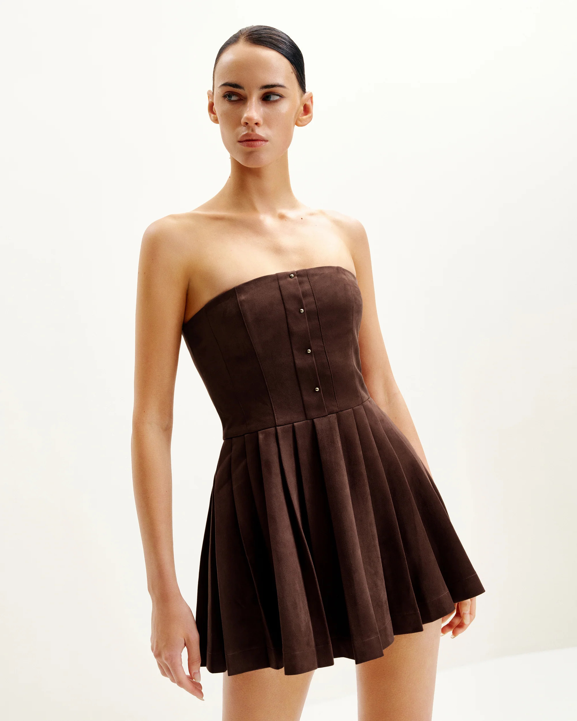 Ellie Pleated Velvet Dress - Chocolate Brown | JW PEI US
