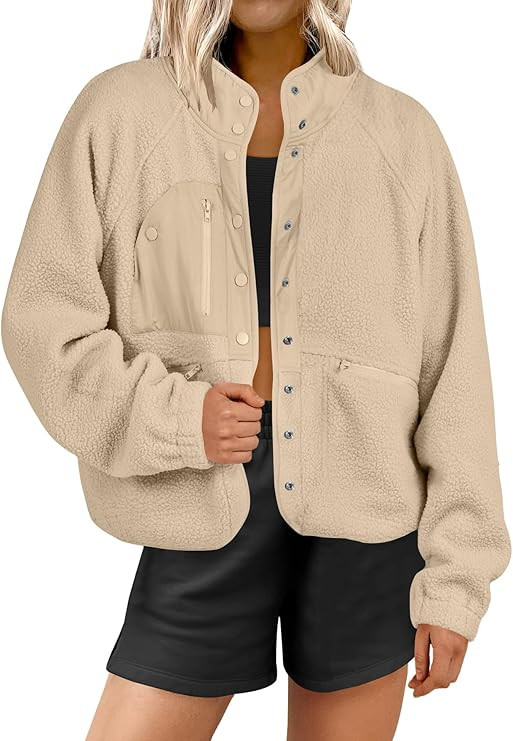 ANRABESS Womens Fleece Jacket Button Down Shacket Casual Sherpa Cropped Coats Warm Outwear with P... | Amazon (US)