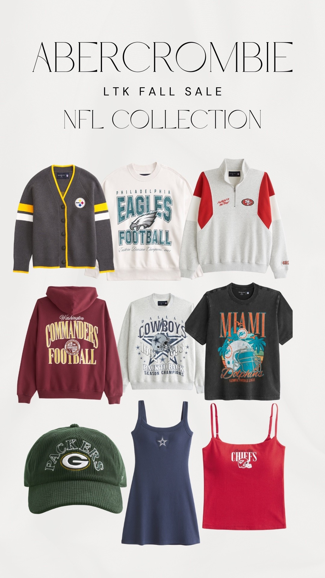 Okay - Abercrombies NFL collection is perfection! For men and women - these picks are so good and the quality is top notch. Who’s your favorite team and what are you wearing?!

NFL, football out for, Dallas cowboys, Kansas City chiefs, Green Bay packers, Detroit lions, Miami dolphins, las Angeles rams, Washington commanders, go sports 

#LTKFindsUnder100 #LTKMidsize #LTKFallSale