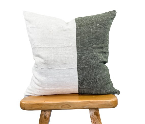 White Mudcloth and Rustic Solids in Olive Pillow Cover 22x22 | Etsy | Etsy (US)
