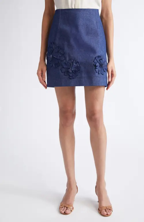 Oscar de la Renta Floral Embroidered Stretch Denim Miniskirt in Dark Denim at Nordstrom, Size 8 | Nordstrom