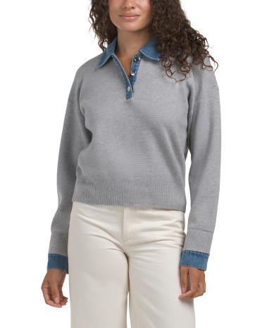 Henley Sweater With Denim Collar, Nylon/Polyester/Rayon | TJ Maxx