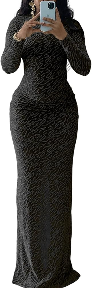 Uni Clau Long Sleeve Bodycon Maxi Dress for Women Elegant Crew Neck Textured Slim Fit Fall Party ... | Amazon (US)