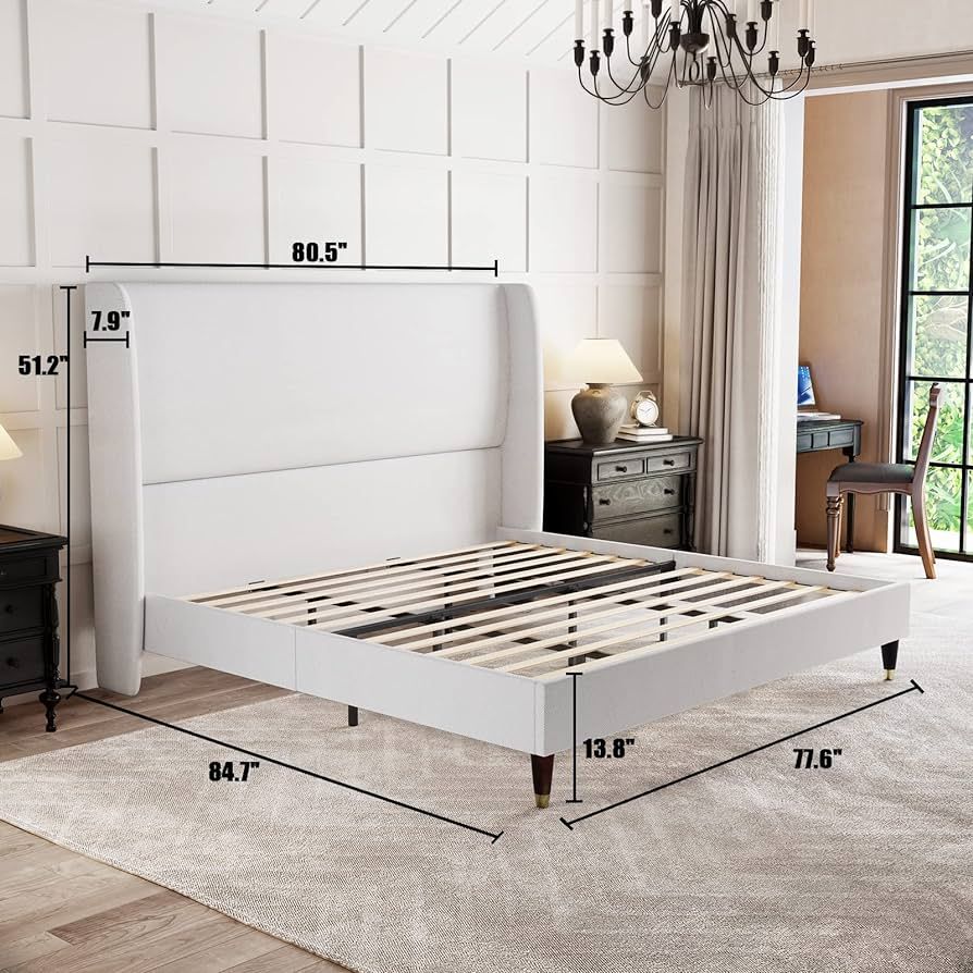 PaPaJet King Platform Bed Frame 51.2" High Headboard Tall Upholstered Bed/No Box Spring Required/... | Amazon (US)