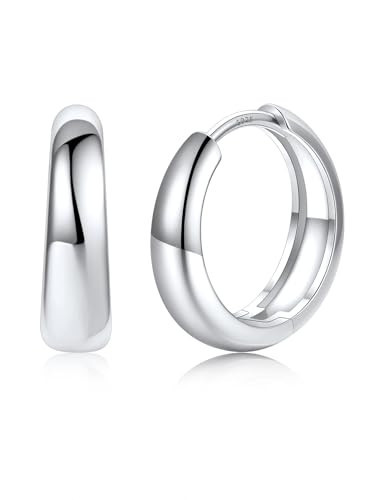 Silvora Silver Chunky Hoop Earrings for Women, Thick Small Hoops with 925 Sterling Silver Post, Lightweight Chunky Silver Earrings 14mm | Amazon (US)