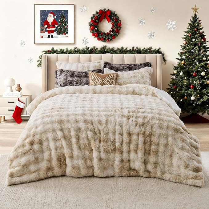DAICO 3 Pieces Fluffy Faux Rabbit Fur Comforter Set King Size Tie Dyed Brown Plush Fuzzy Bubble C... | Amazon (US)