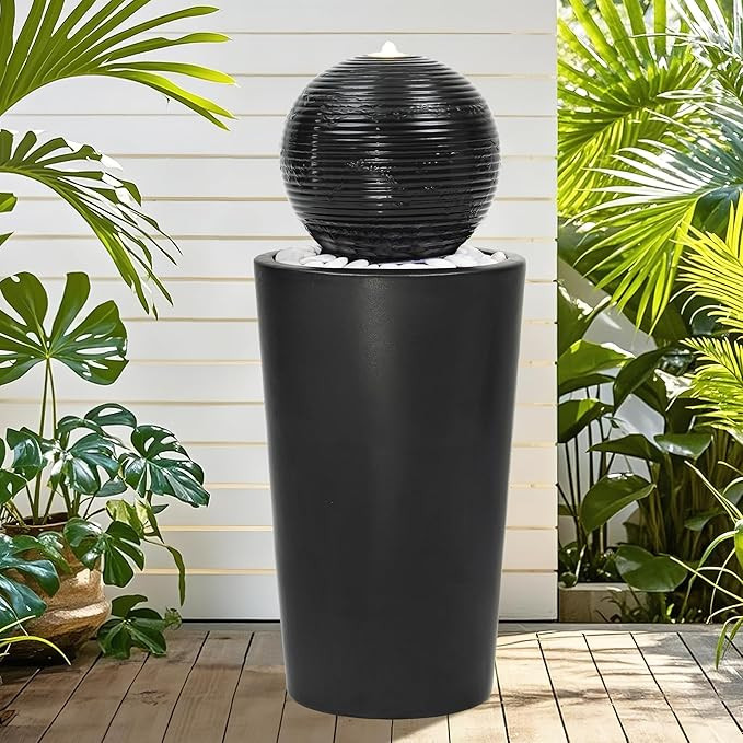 30" H Ceramic Sphere Water Fountain with LED Light, Modern Minimalist Design, Black Glaze with Wh... | Amazon (US)
