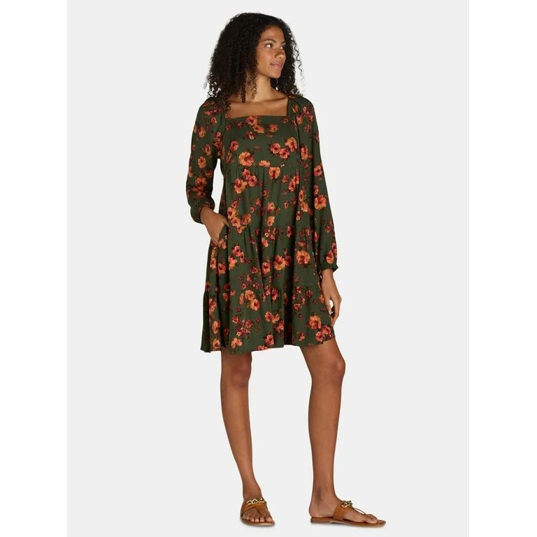 Time and Tru Women's Square Neck Mini Dress with Long Sleeves, Sizes XS-XXXL | Walmart (US)