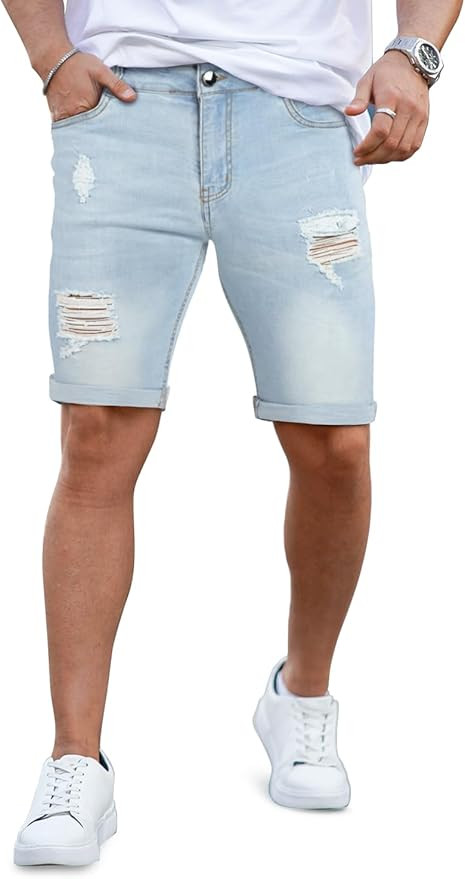 GINGTTO Mens Denim Shorts Ripped Skinny Stretch Jean Shorts Men | Amazon (US)