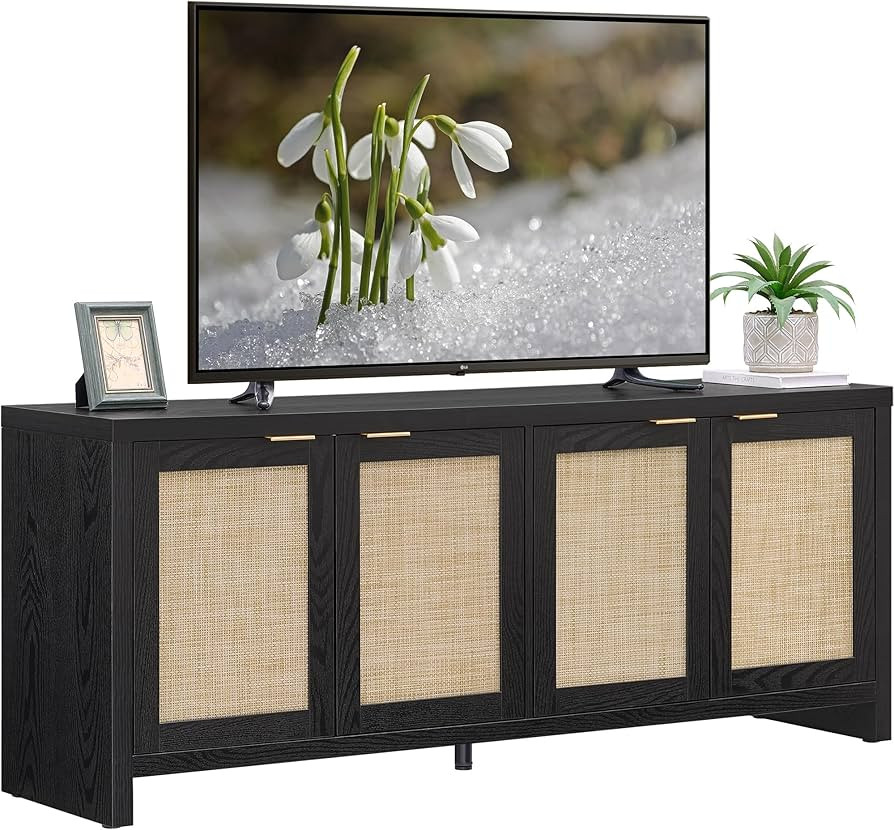 SICOTAS TV Stand for Living Room Boho Entertainment Center for Bedroom with 4 Rattan Cabinets Far... | Amazon (US)