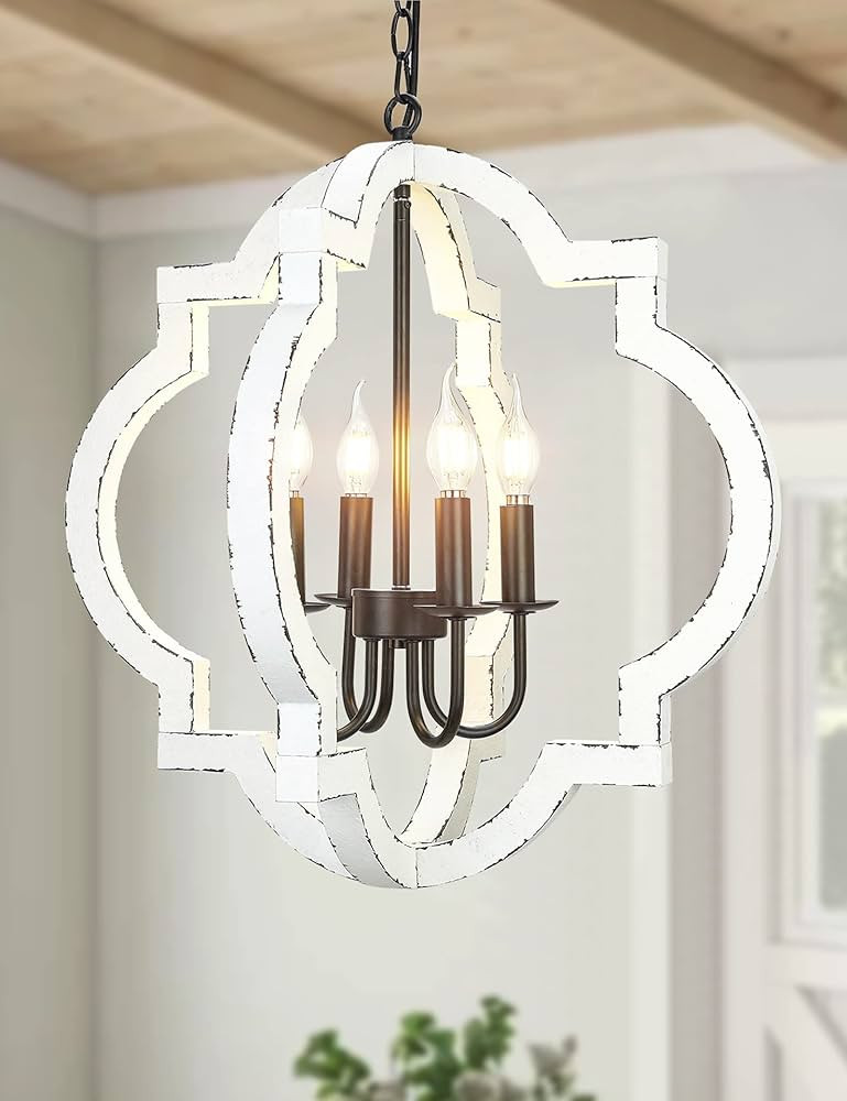21.7" Farmhouse Wood Chandelier Light Fixture, 4-Light Handmade Distressed White Geometric Hangin... | Amazon (US)
