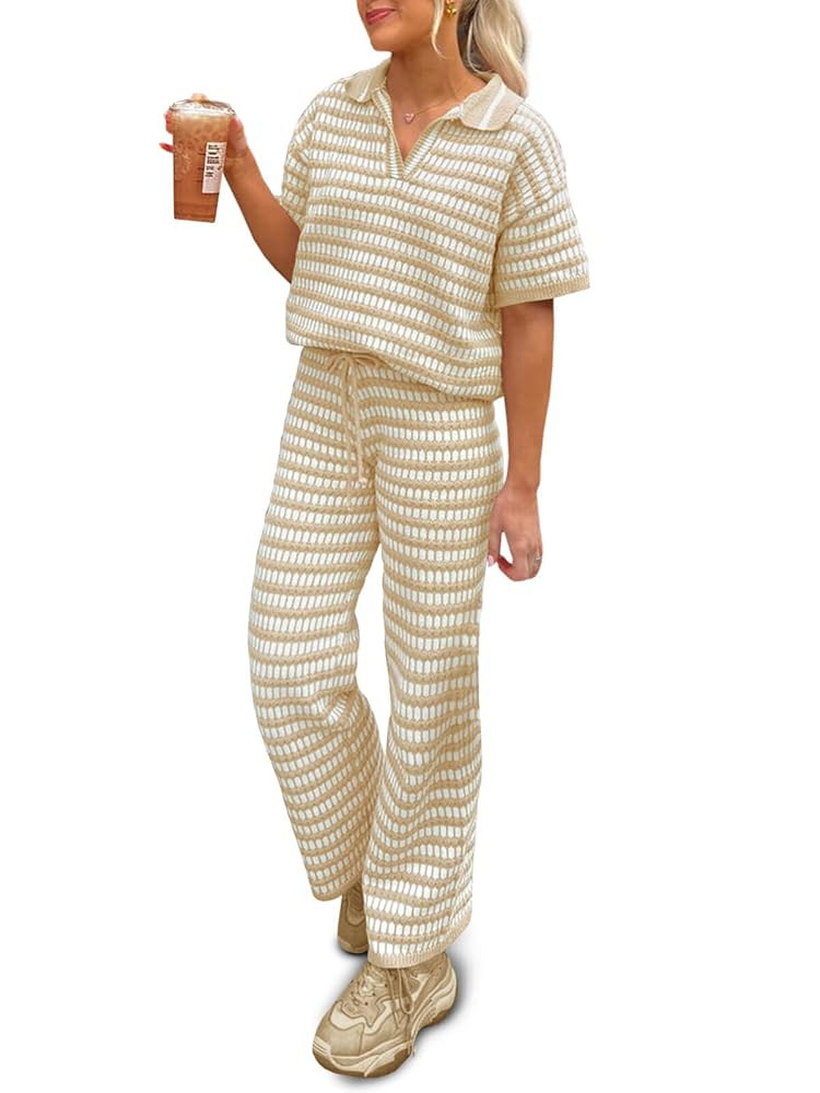 Imily Bela Womens 2 Piece Outfits Striped Short Sleeve Sweater Tops Knit Sets Wide Leg Pants Loun... | Amazon (US)