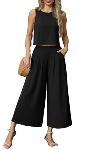 Amazon.com: Lepunuo Summer Two Piece Outfit Crop Sleeveless Top and Flowy Loose Wide Leg Pants Se... | Amazon (US)