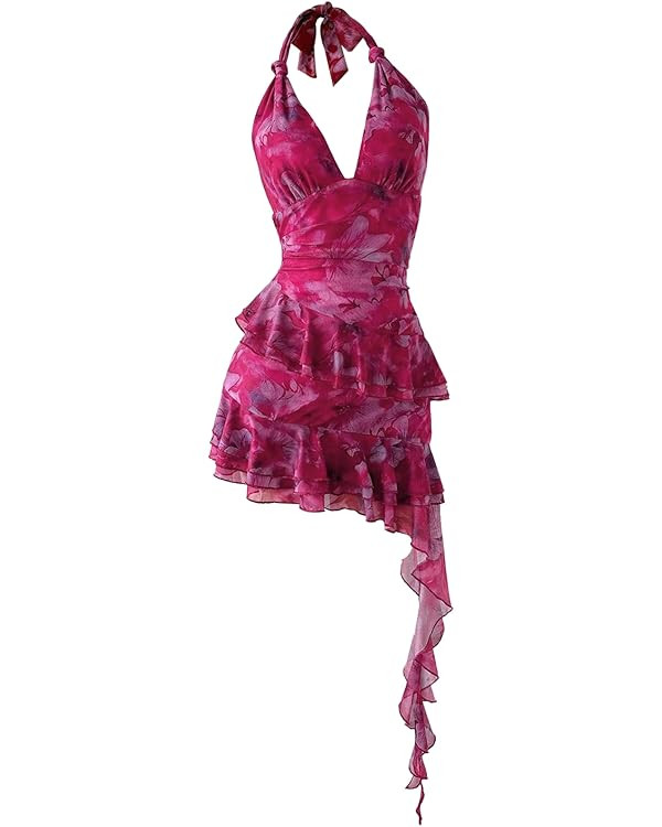 Verdusa Mesh Dress for Women Floral Backless Halter Ruffle Asymmetrical Slim Fit Mini Dresses | Amazon (US)