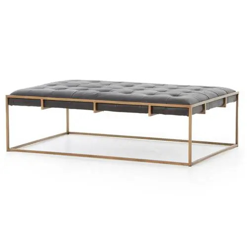 Ulysses Industrial Loft Tufted Ebony Leather Rectangular Coffee Table - 50W | Kathy Kuo Home