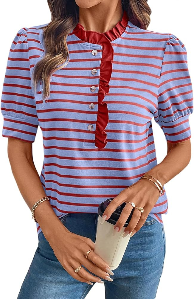 BLENCOT Summer T Shirt for Women Casual Puff Sleeve Button Down Ruffle Collar Striped Knit Blouse... | Amazon (US)