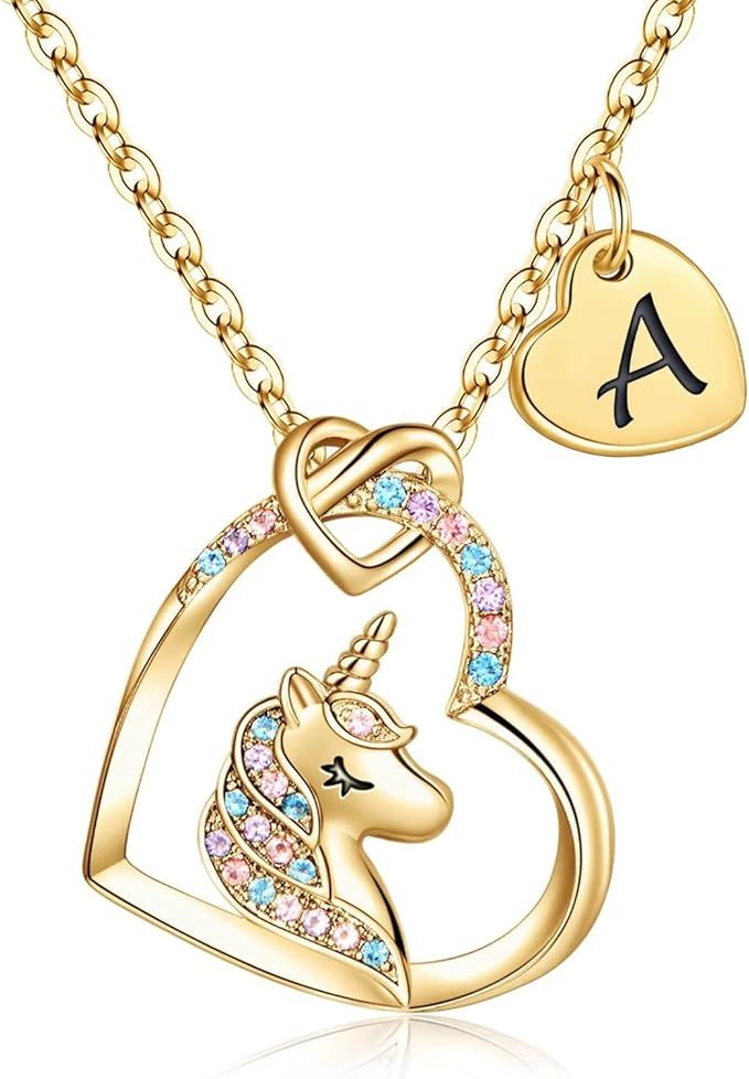 Unicorns Gifts for Girls, 14K Gold/White Gold/Rose Gold Plated Colorful CZ Heart Pendant Unicorn ... | Amazon (US)