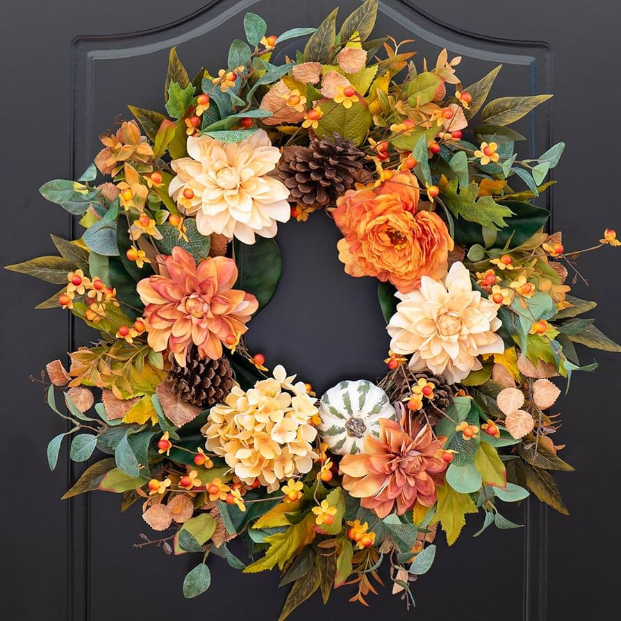 Fall Wreaths for Front Door Outside-24 Inch Autumn Wreath with Dahlia Flowers, Pumpkins, Pinecone... | Amazon (US)