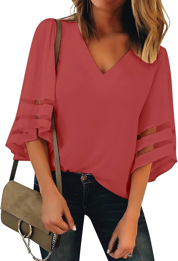 LookbookStore Women's V Neck Mesh Panel Blouse 3/4 Bell Sleeve Loose Top Shirt | Amazon (US)