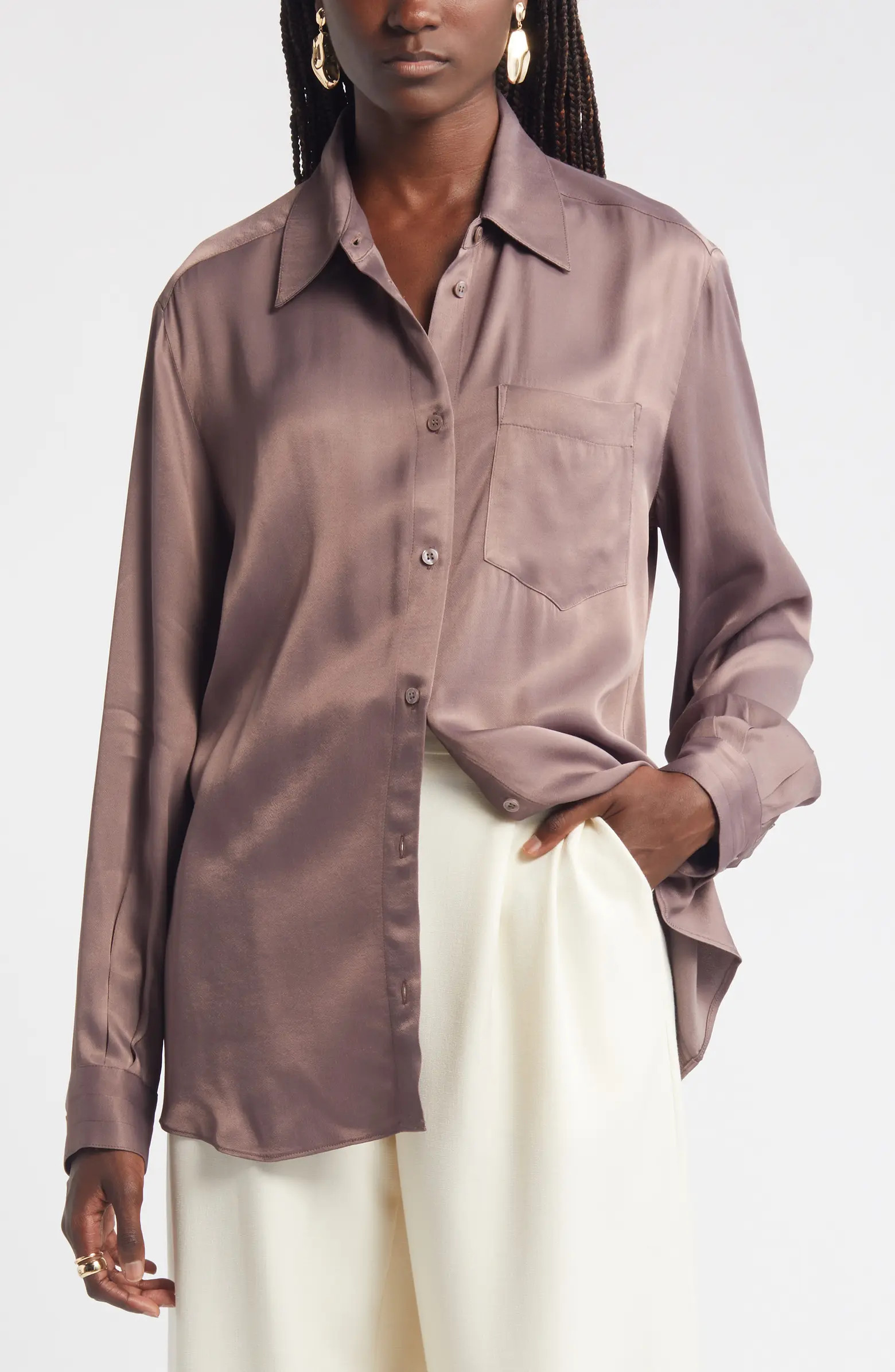 Nordstrom Bishop Sleeve Satin Button-Up Shirt | Nordstrom | Nordstrom