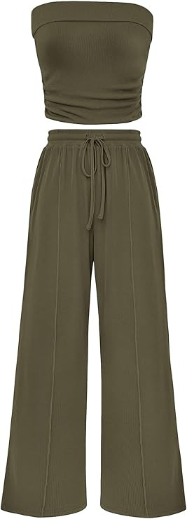 PRETTYGARDEN Womens Summer Outfits 2 Piece Sets Casual Ribbed Knit Crop Tube Top Wide Leg Pants S... | Amazon (US)