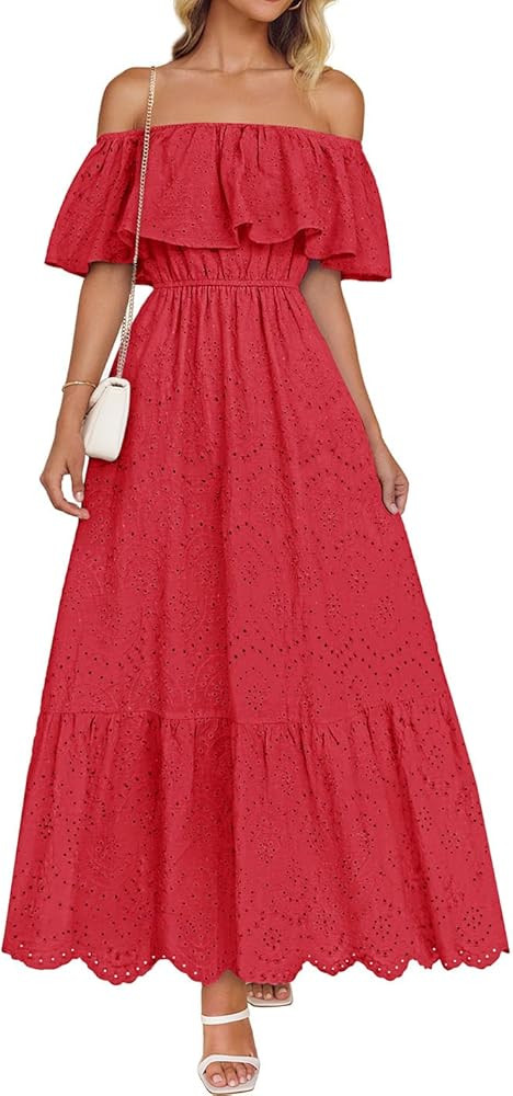 ZESICA Women's 2025 Summer Off Shoulder Ruffle Midi Dress Short Sleeve High Waist Hollow Out Embr... | Amazon (US)
