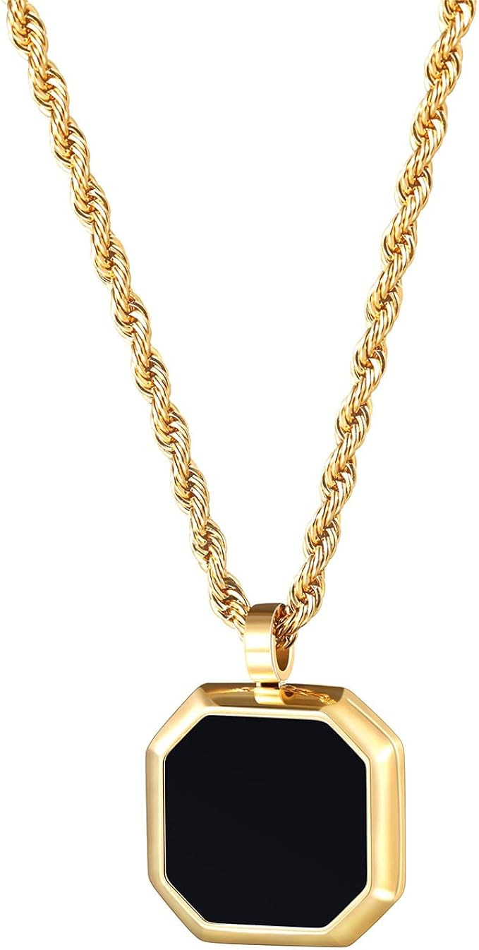 TRUMIUM Black Onyx Pendant Necklace for Mens Womens 14k Gold Plated Stainless Steel Necklace Curb... | Amazon (US)