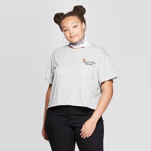 Women's Plus Size Short Sleeve Feel The Feels Cropped Graphic T-Shirt (Juniors') - Gray | Target