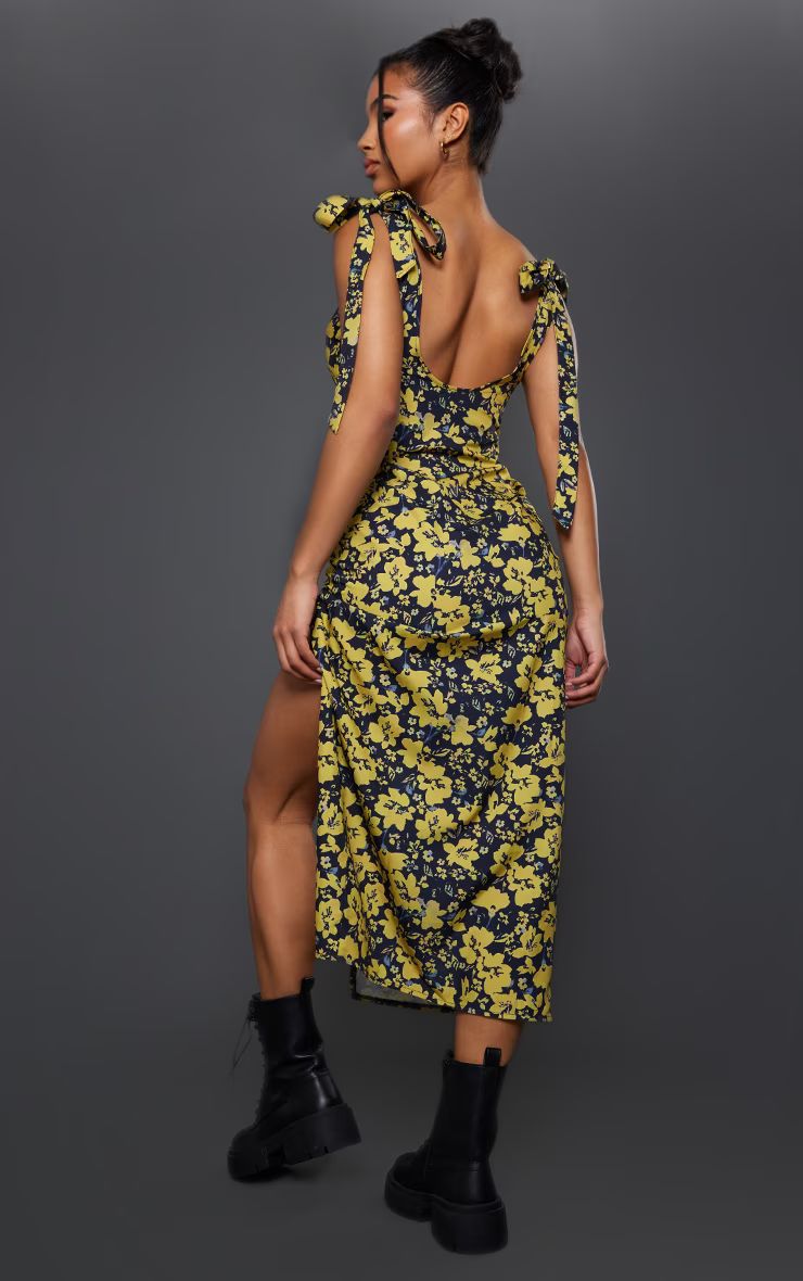 Yellow Floral Print Tie Sleeve Split Midaxi Dress | PrettyLittleThing UK