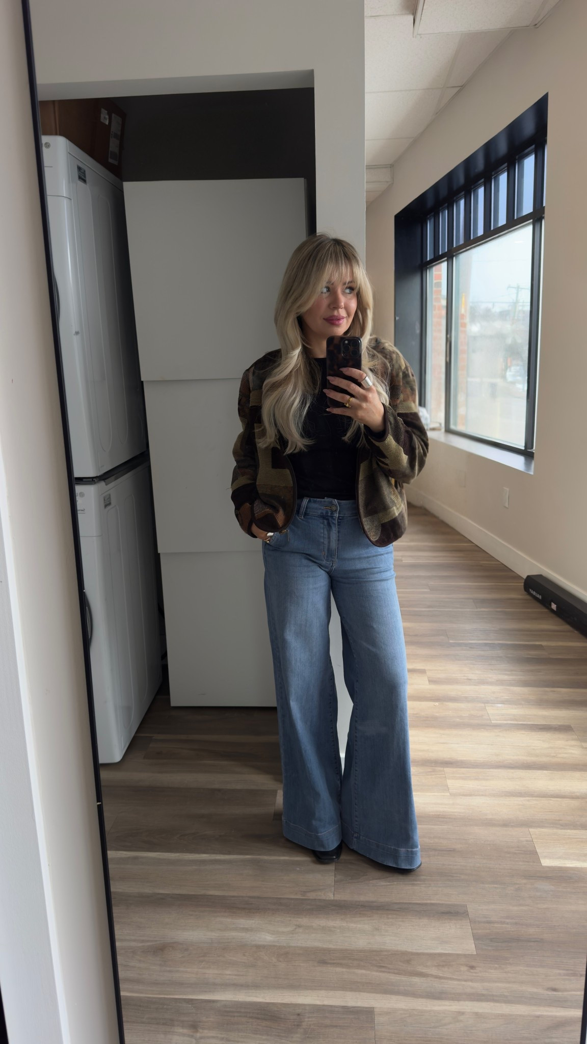 Jacket is a thrift find (linked similar) 
Black crew neck ribbed long sleeve size small 
Wide leg jeans size 5
Sam Edelman Black block heel boots 