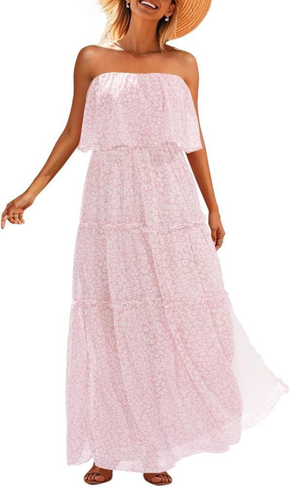 Women Strapless Summer Dress - Boho Chiffon Maxi Beach Side Split Tiered Long Sundresses | Amazon (US)
