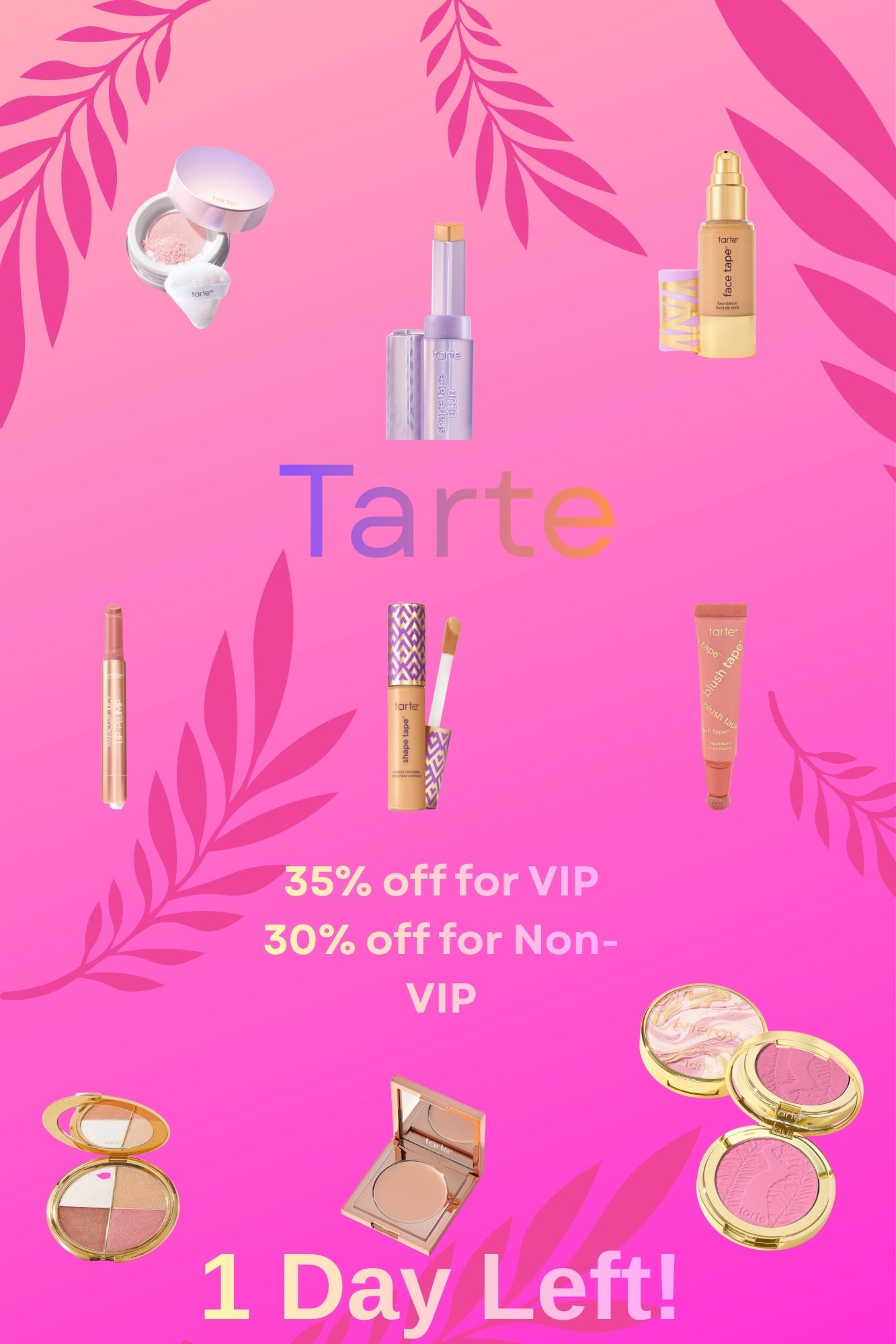🚨 1 Day Left to Save on Tarte! 🚨  

If you’ve been thinking about restocking your favorite Tarte beauty staples, now is the time! I’m stocking up on some of my everyday go-to products before this sale ends.  

✨ 35% OFF for VIP  
✨ 30% OFF for Non-VIP  

Some of my favorites featured here:  
💄 Shape Tape Concealer  
💄 Face Tape Foundation  
💄 Blush Tape  
💄 Maracuja Lip  
💄 Amazonian Clay Blush  

Tarte always delivers on full coverage, long wear, and skin-loving ingredients, which is why these stay in my rotation.  

🛍️ Don’t miss it — this deal ends in 1 day!  
Shop everything linked here on my LTK before it’s gone.  

#LTKbeauty #TarteCosmetics #LTKsale #MakeupFavorites

#LTKSaleAlert #LTKBeauty #LTKSpringSale