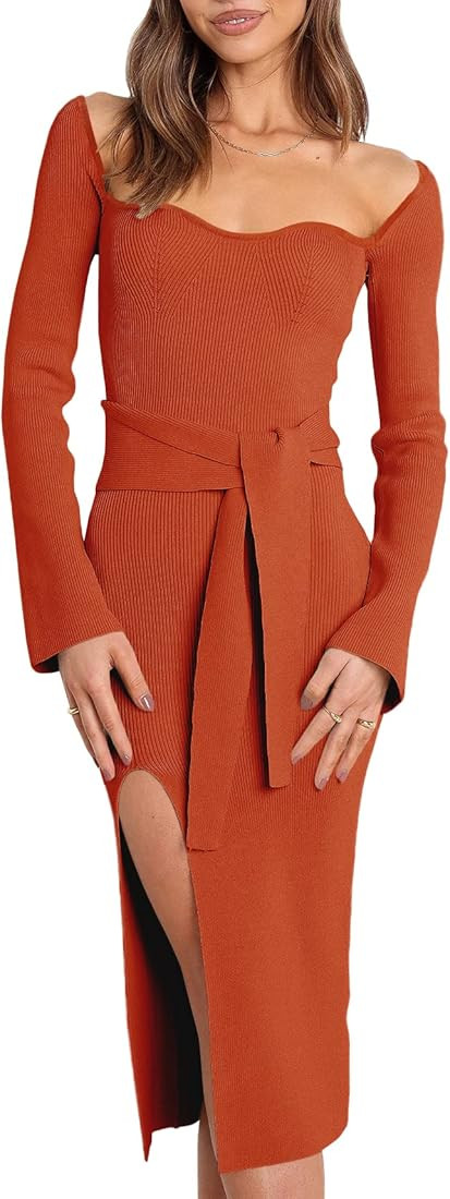 ANRABESS Women's 2023 Fall Long Sleeve Sweetheart Neck Tie Waist Slit Side Kibbed Knit Slim Bodyc... | Amazon (US)