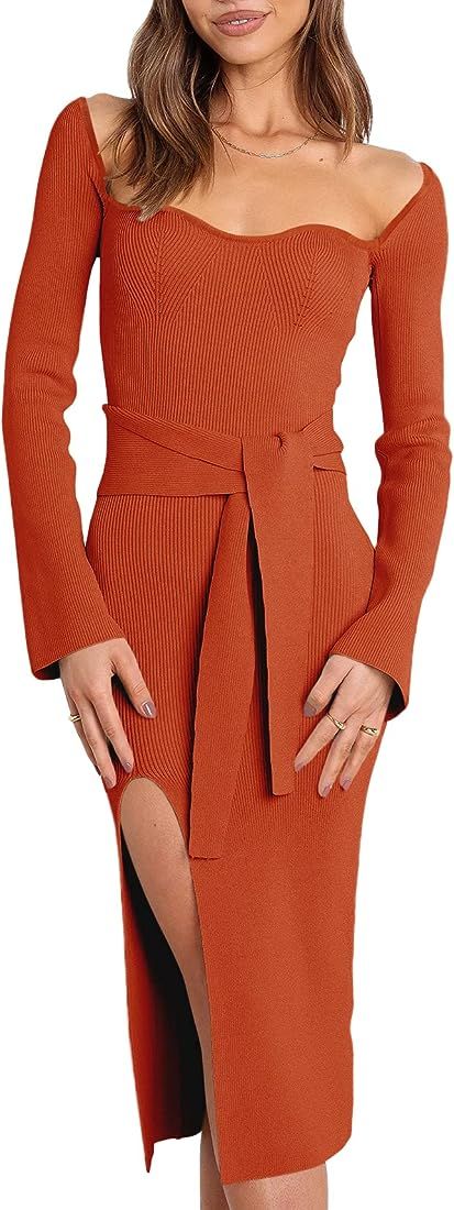 ANRABESS Women's Long Sleeve Sweetheart Neck Bodycon Slim Fit Sweater Slit Tie Waist Knit Midi Dr... | Amazon (US)