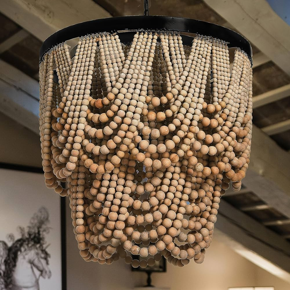 Creative Co-Op 2-Tier Draped Wood Bead Chandelier, 28" H, Natural | Amazon (US)
