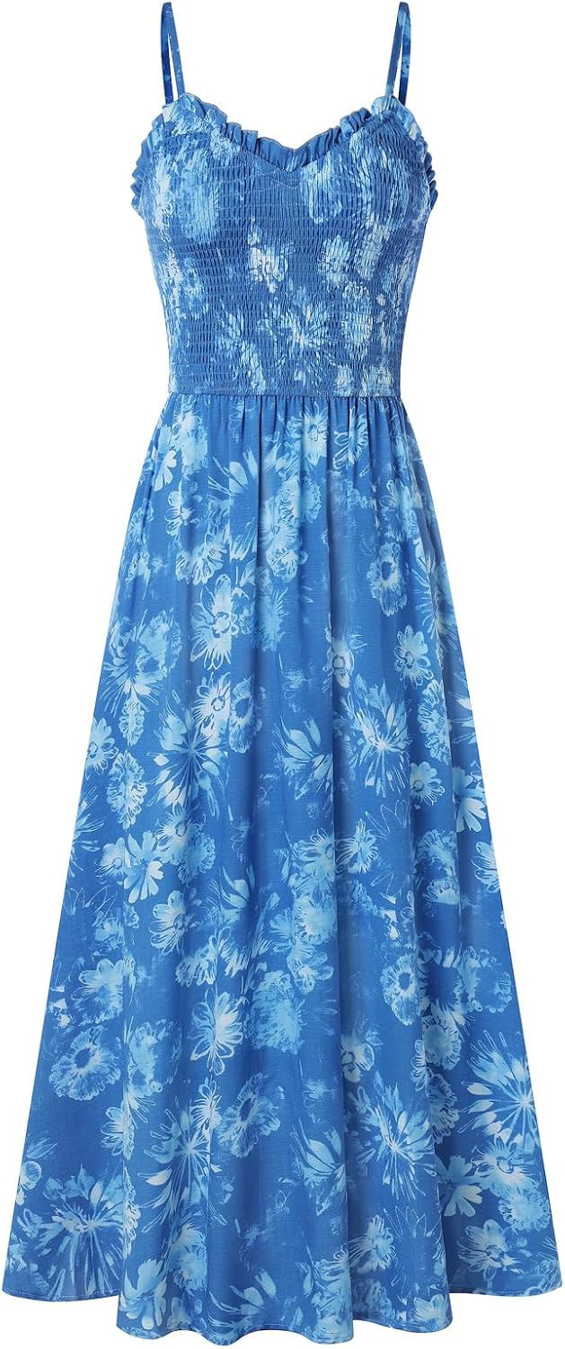 Womens Summer Floral Maxi Long Beach Boho Smocked Spaghetti Strap Dress | Amazon (US)